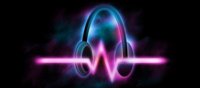 Audífonos de colores vibrantes simbolizando la energía de la música tecno electrónica con una línea de frecuencia saliendo de ellos.